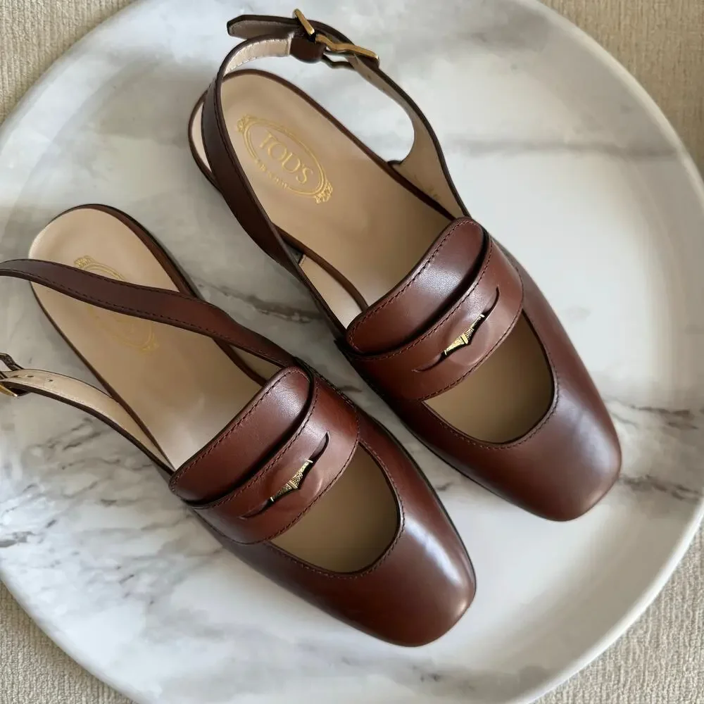 Tod's Cutout Coin Detail Slingback Loafers Brown Leather